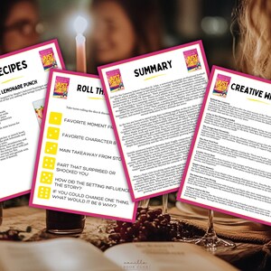 May include: Four pink-bordered cards with text are displayed on a table. The cards include "Recipes," "Roll the Dice," "Summary," and "Creative Writing." The "Recipes" card features a recipe for Flamingo Pink Lemonade Punch. The cards are part of a book club activity.