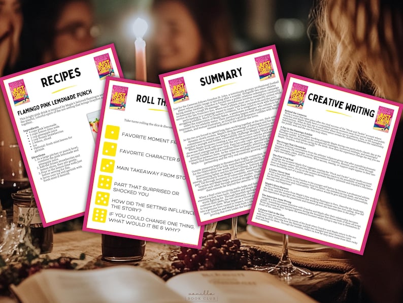 May include: Four pink-bordered cards with text are displayed on a table. The cards include "Recipes," "Roll the Dice," "Summary," and "Creative Writing." The "Recipes" card features a recipe for Flamingo Pink Lemonade Punch. The cards are part of a book club activity.