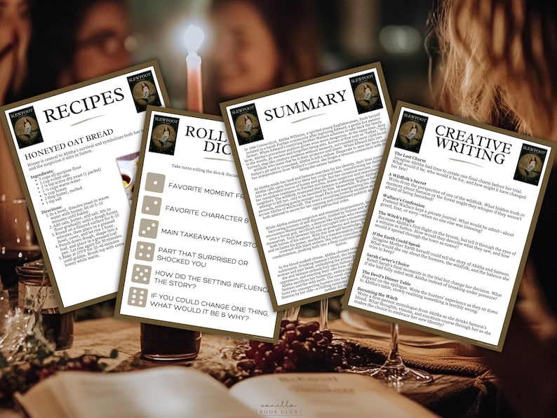 May include: Four printed cards with text on a table, lit by a candle. The cards are labelled "Recipes", "Roll Dice", "Summary", and "Creative Writing". The cards have a brown border and a logo in the top right corner. A glass of wine and a book are in the foreground.
