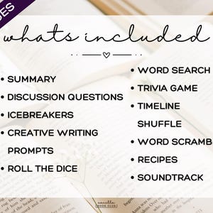 May include: A graphic with the text "20 PAGES" in a purple banner. The image lists items included: summary, discussion questions, icebreakers, creative writing prompts, roll the dice, word search, trivia game, timeline, shuffle, word scramble, recipes, and soundtrack.