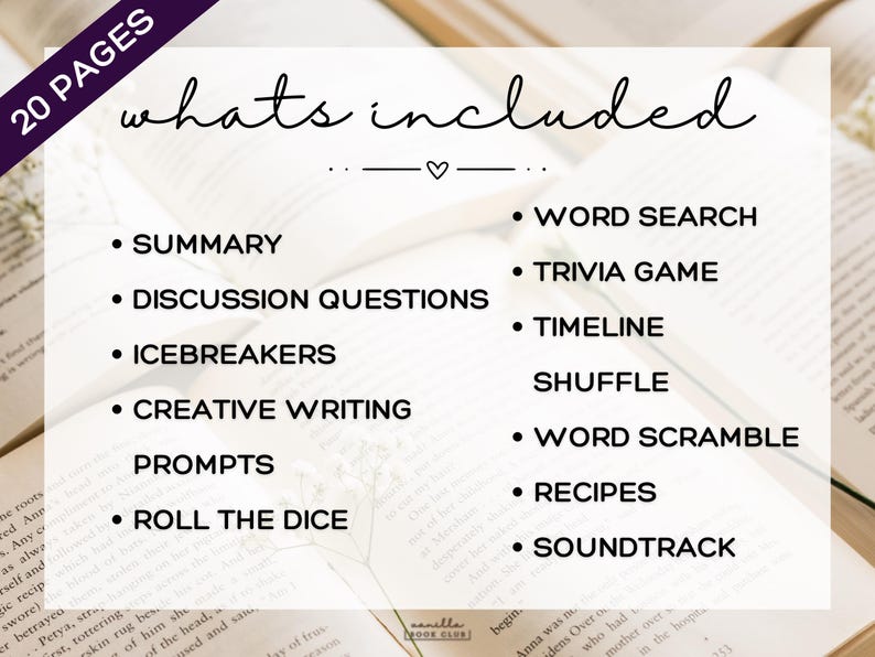 May include: A graphic with the text "20 PAGES" in a purple banner. The image lists items included: summary, discussion questions, icebreakers, creative writing prompts, roll the dice, word search, trivia game, timeline, shuffle, word scramble, recipes, and soundtrack.