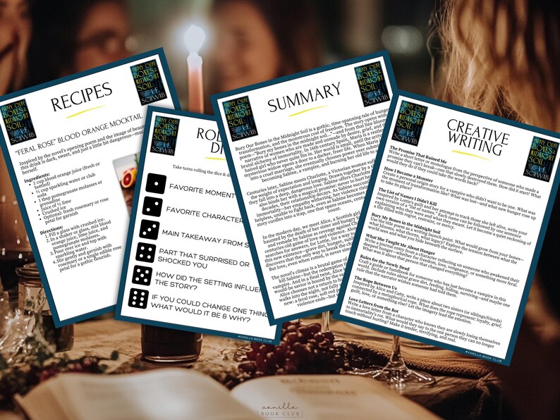 K&ouml;nnte beinhalten: Vier bedruckte Bl&auml;tter mit Text und Grafiken sind auf einem Tisch angeordnet. Die Bl&auml;tter enthalten Rezepte, eine Zusammenfassung, kreative Schreibanregungen und ein W&uuml;rfelspiel. Der Text ist in Schwarz und Blau, mit dunklem Hintergrund.