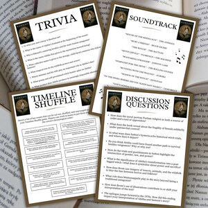 May include: Four tan cards with text and illustrations, including trivia, soundtrack, timeline shuffle, and discussion questions. The cards are set against a backdrop of open books.