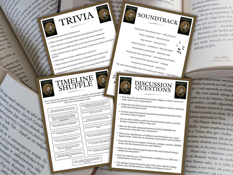 May include: Four tan cards with text and illustrations, including trivia, soundtrack, timeline shuffle, and discussion questions. The cards are set against a backdrop of open books.