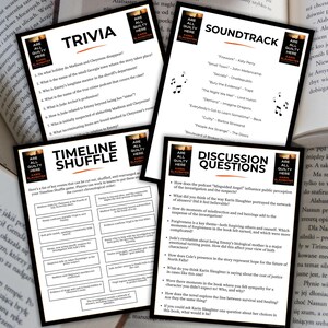 May include: Four white cards with black text are displayed, each with a title: Trivia, Timeline Shuffle, Soundtrack, and Discussion Questions. The cards are surrounded by open books.