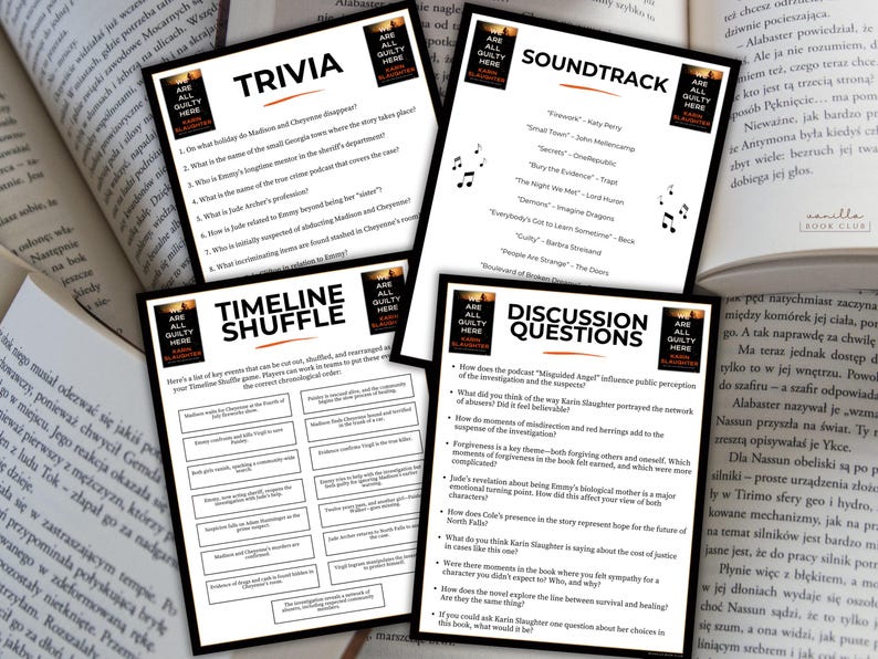 May include: Four white cards with black text are displayed, each with a title: Trivia, Timeline Shuffle, Soundtrack, and Discussion Questions. The cards are surrounded by open books.
