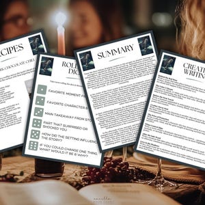 May include: Four printed sheets with text on a table, including recipes for dark chocolate chilli truffles, a summary, creative writing prompts, and a roll dice game. The sheets are in front of a blurred background with a candle and wine glasses.