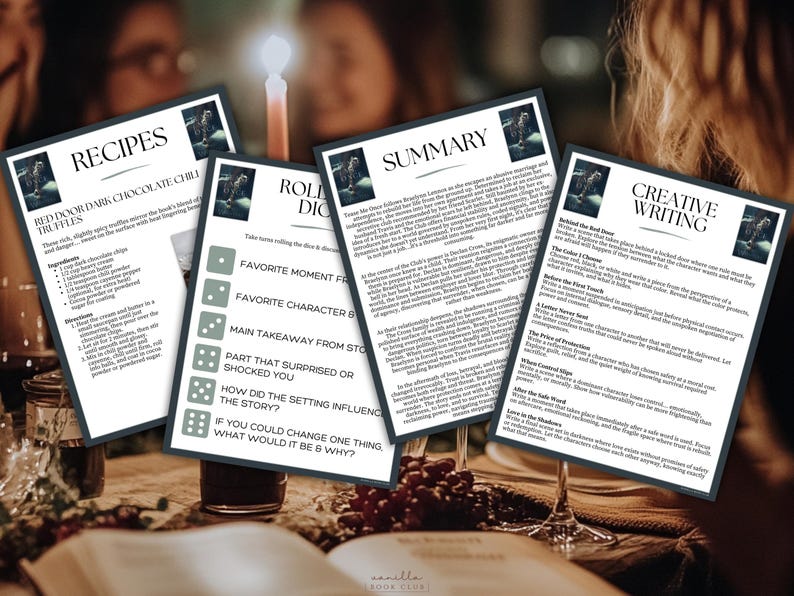 May include: Four printed sheets with text on a table, including recipes for dark chocolate chilli truffles, a summary, creative writing prompts, and a roll dice game. The sheets are in front of a blurred background with a candle and wine glasses.