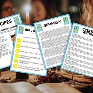 May include: Four white and blue cards with text, including "Recipes," "Summary," and "Creative Writing," are arranged on a table. The cards are related to a book club. A lit candle and wine glasses are in the background.