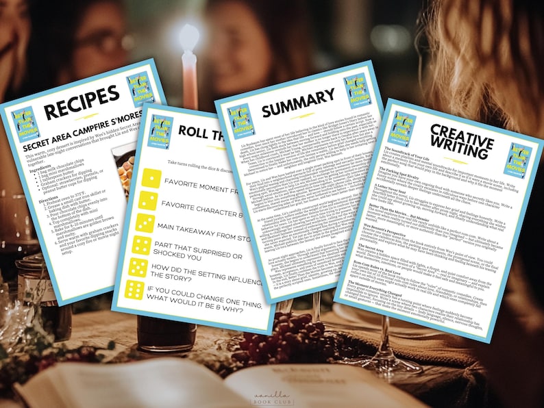 May include: Four white and blue cards with text, including "Recipes," "Summary," and "Creative Writing," are arranged on a table. The cards are related to a book club. A lit candle and wine glasses are in the background.
