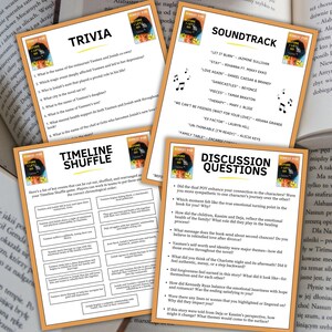 May include: Four printed sheets with text and graphics related to a book club. The sheets are titled "Trivia", "Timeline Shuffle", "Soundtrack", and "Discussion Questions". The sheets are on a table with an open book.
