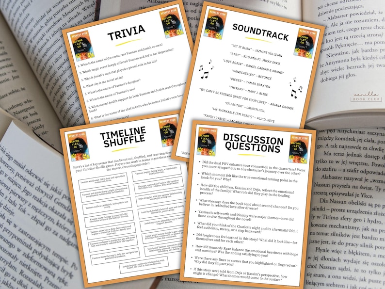 May include: Four printed sheets with text and graphics related to a book club. The sheets are titled "Trivia", "Timeline Shuffle", "Soundtrack", and "Discussion Questions". The sheets are on a table with an open book.