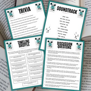 May include: Four teal-bordered cards with black text are displayed on a table next to an open book. The cards include "Trivia," "Timeline Shuffle," "Soundtrack," and "Discussion Questions" for a book club.