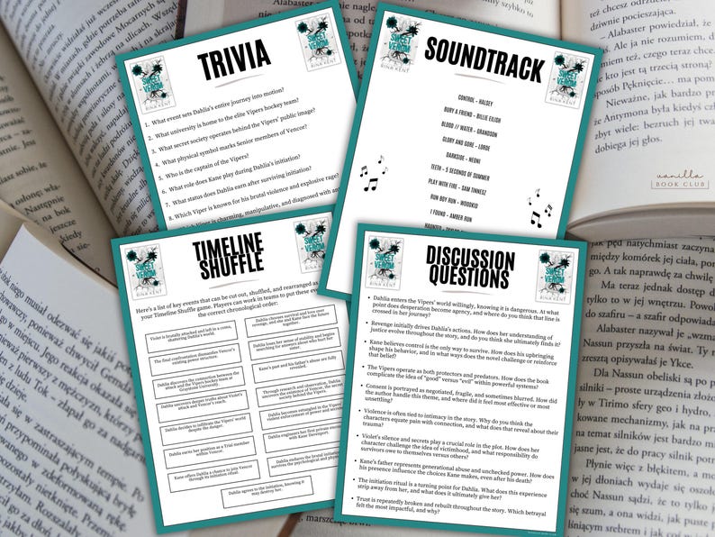 May include: Four teal-bordered cards with black text are displayed on a table next to an open book. The cards include "Trivia," "Timeline Shuffle," "Soundtrack," and "Discussion Questions" for a book club.