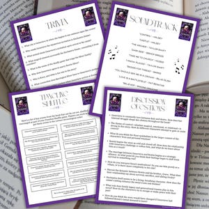 May include: A set of printable activity sheets for a book club. The sheets include trivia questions, a soundtrack, a discussion guide, and a "playing shuffle" game.