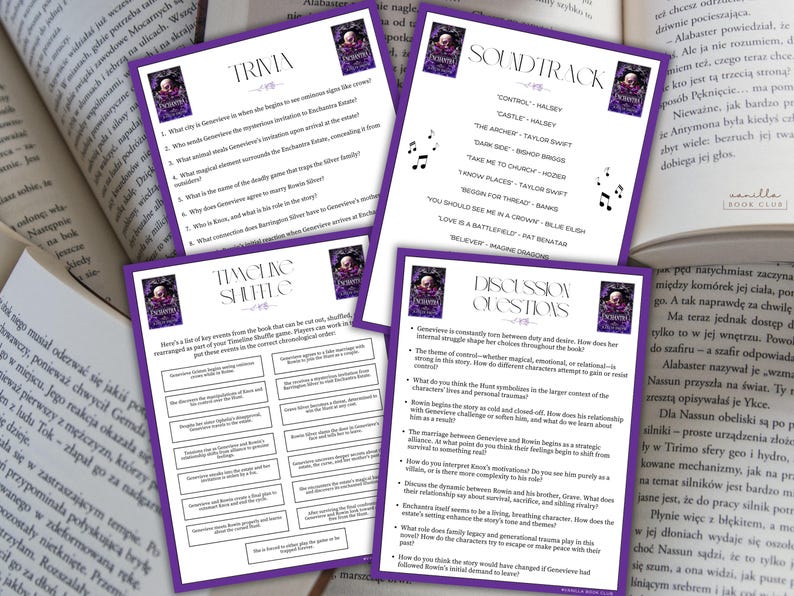 May include: A set of printable activity sheets for a book club. The sheets include trivia questions, a soundtrack, a discussion guide, and a "playing shuffle" game.