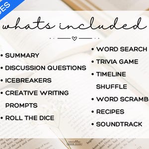 May include: Image features a list of included items for a book club, including a summary, discussion questions, and word search. The text is displayed on a background of open books. The words "20 PAGES" are in a blue banner.