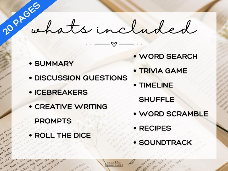 May include: Image features a list of included items for a book club, including a summary, discussion questions, and word search. The text is displayed on a background of open books. The words "20 PAGES" are in a blue banner.