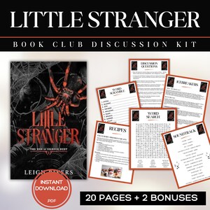 Op de afbeelding: Een discussiekit voor de boekenclub "Little Stranger" met een boekomslag met een spinnen- en webontwerp. Inclusief discussievragen, woordzoeker, recepten, woordzoekopdrachten, ijsbrekers en soundtrackpagina's. Directe PDF-download.
