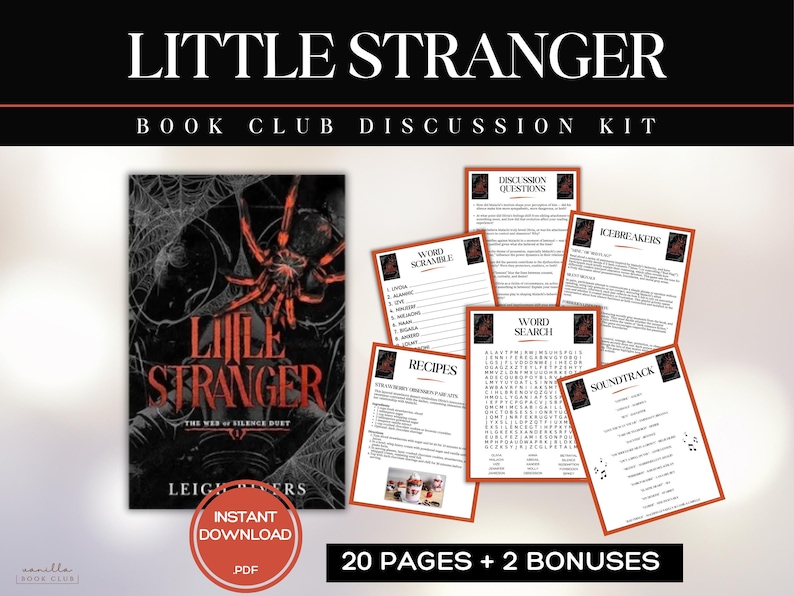 Op de afbeelding: Een discussiekit voor de boekenclub "Little Stranger" met een boekomslag met een spinnen- en webontwerp. Inclusief discussievragen, woordzoeker, recepten, woordzoekopdrachten, ijsbrekers en soundtrackpagina's. Directe PDF-download.