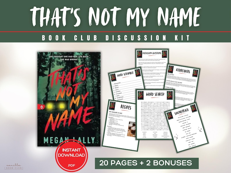 以下が含まれることがあります： 「That's Not My Name」のブッククラブディスカッションキット。森のシーンと赤いタイトルテキストの表紙付き。ディスカッションの質問、ワードゲーム、レシピ、トラックリストが含まれています。インスタントPDFダウンロードです。