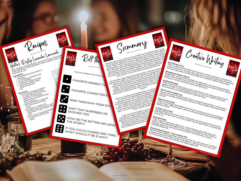 May include: Four white cards with red borders are displayed on a table. The cards have text and graphics, including recipes, a summary, creative writing prompts, and a dice game. A lit candle and wine glasses are in the background.