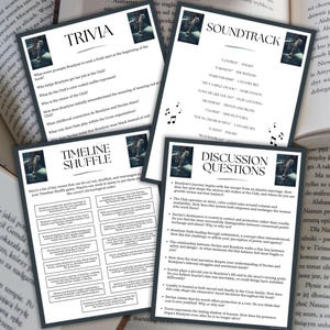 May include: Four black and white printouts with text, including "Trivia," "Timeline Shuffle," "Soundtrack," and "Discussion Questions." The printouts are on a table with open books.