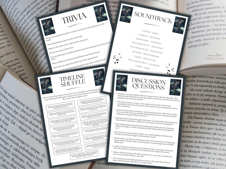 May include: Four black and white printouts with text, including "Trivia," "Timeline Shuffle," "Soundtrack," and "Discussion Questions." The printouts are on a table with open books.