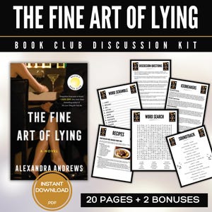 K&ouml;nnte beinhalten: Ein Diskussions-Kit f&uuml;r den Buchclub "The Fine Art of Lying" mit Roman-Cover und Diskussionsmaterialien. Das Cover zeigt den Buchtitel, den Namen des Autors und ein Bild einer Person. Enth&auml;lt Wortspiele, Rezepte und einen Soundtrack.