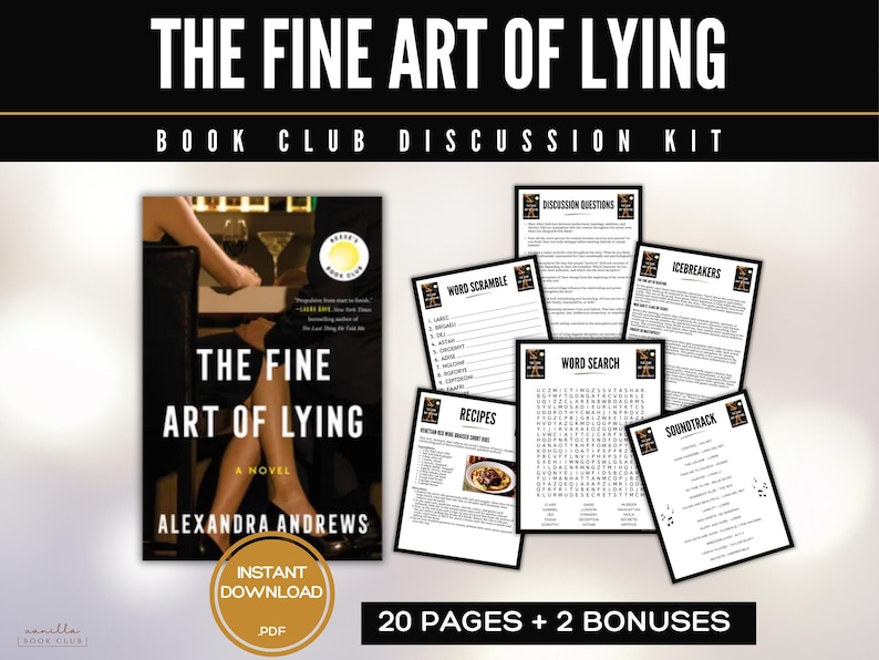 K&ouml;nnte beinhalten: Ein Diskussions-Kit f&uuml;r den Buchclub "The Fine Art of Lying" mit Roman-Cover und Diskussionsmaterialien. Das Cover zeigt den Buchtitel, den Namen des Autors und ein Bild einer Person. Enth&auml;lt Wortspiele, Rezepte und einen Soundtrack.