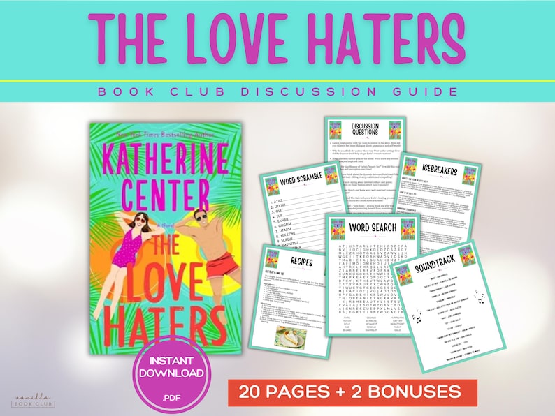 Bokklubbsguide för kärlekshatare Bokklubbsspel Bokdiskussionsfrågor Katherine Center Bokklubbspaket Aktivitet Romantik Skönlitteratur BookTok bild 1