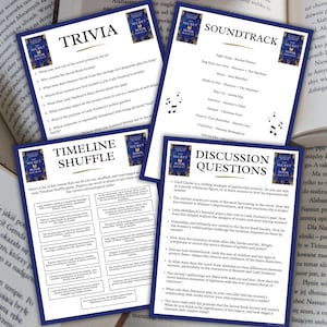 May include: Four printed cards with trivia, timeline, soundtrack, and discussion questions related to "The Secret Book Society" are displayed on a table with open books. The cards have a blue border and book cover art.