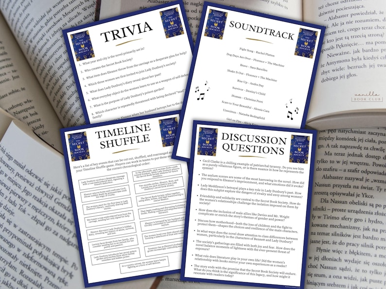 May include: Four printed cards with trivia, timeline, soundtrack, and discussion questions related to "The Secret Book Society" are displayed on a table with open books. The cards have a blue border and book cover art.