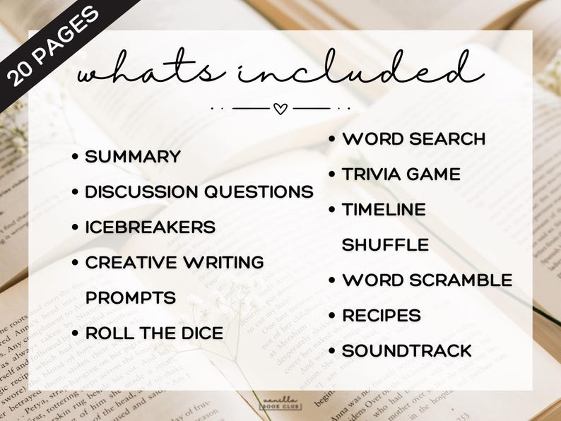 May include: A white sheet of paper with black text listing 20 pages of book club activities. The text includes "whats included" and lists items such as "Summary", "Discussion Questions", "Icebreakers", "Creative Writing Prompts", "Roll the Dice", "Word Search", "Trivia Game", "Timeline Shuffle", "Word Scramble", "Recipes", and "Soundtrack".