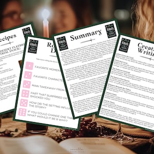 May include: A close-up of four printable activity sheets for a book club meeting. The sheets are green and white with a sword graphic and the title "Six of Crows". The sheets include recipes, a summary, discussion questions, and creative writing prompts.