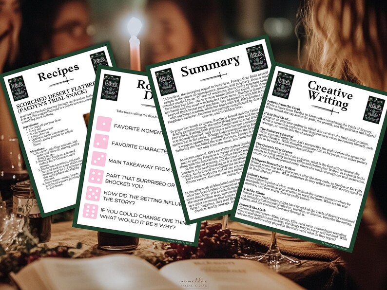May include: A close-up of four printable activity sheets for a book club meeting. The sheets are green and white with a sword graphic and the title "Six of Crows". The sheets include recipes, a summary, discussion questions, and creative writing prompts.