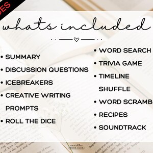 Puede incluir: Imagen de un recurso para clubes de lectura con el texto "whats included" y una lista de actividades como "Summary", "Word Search" y "Trivia Game". El texto est&aacute; sobre un fondo de libros abiertos.