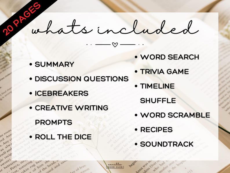 Puede incluir: Imagen de un recurso para clubes de lectura con el texto "whats included" y una lista de actividades como "Summary", "Word Search" y "Trivia Game". El texto est&aacute; sobre un fondo de libros abiertos.