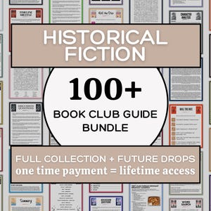 Könnte beinhalten: Eine Sammlung druckbarer Aktivitätsblätter für einen Buchclub mit dem Text Historical Fiction 100+ Book Club Guide Bundle. Die Seiten enthalten Quizfragen, Wortsuchrätsel, Rezepte, Diskussionsfragen und Spiele zum Ordnen von Zeitlinien.