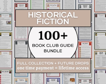 May include: A collection of printable activity sheets for a book club, featuring the text Historical Fiction 100+ Book Club Guide Bundle. The pages include trivia, word scrambles, recipes, discussion questions, and timeline shuffle games.