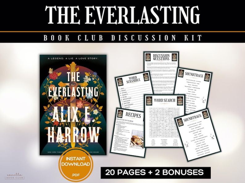 May include: A book club discussion kit featuring the book "The Everlasting" by Alix E. Harrow. The kit includes discussion questions, word scrambles, word searches, recipes, and soundtrack suggestions. The cover of the book is dark with floral and cross imagery.
