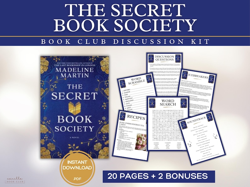 May include: A digital book club discussion kit titled "The Secret Book Society" with a blue and gold book cover, discussion questions, word games, recipes, and a soundtrack. The kit includes 20 pages and 2 bonuses.