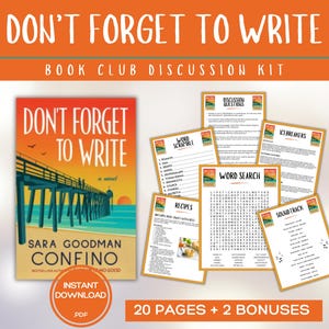 May include: A book club discussion kit titled "Don't Forget to Write" with a novel cover featuring a pier at sunset. Includes discussion questions, word search, recipes, and other activities. The kit is an instant PDF download.