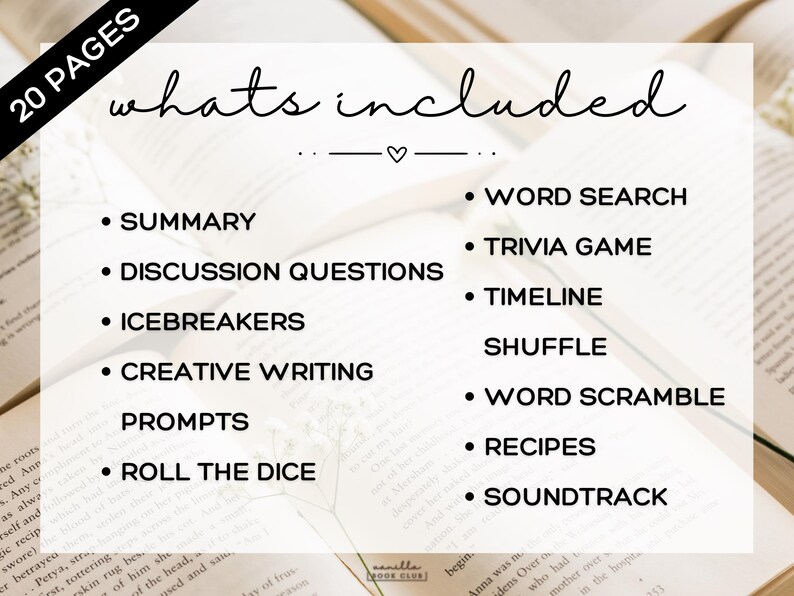 K&ouml;nnte beinhalten: Bild eines Buches mit dem Text &bdquo;whats included&ldquo; und einer Liste von Elementen wie &bdquo;Summary&ldquo;, &bdquo;Discussion Questions&ldquo; und &bdquo;Word Search&ldquo;. Der Text ist schwarz auf wei&szlig;em Hintergrund, mit den Worten &bdquo;20 PAGES&ldquo; in der oberen linken Ecke.