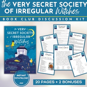 Puede incluir: Kit de discusión para club de lectura "The Very Secret Society of Irregular Witches". Incluye portada del libro, preguntas de debate, juegos de palabras, recetas y banda sonora. La portada muestra una bruja en una escoba.