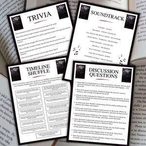 May include: Four black and white cards with text and a book cover image are displayed on a table with open books. The cards are labeled Trivia, Soundtrack, Timeline Shuffle, and Discussion Questions. Musical notes are scattered around the Soundtrack card.