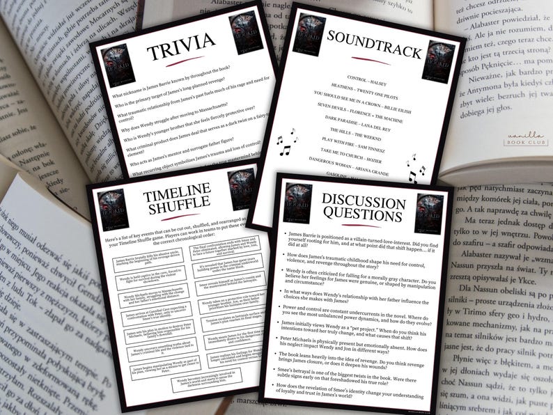 May include: Four black and white cards with text and a book cover image are displayed on a table with open books. The cards are labeled Trivia, Soundtrack, Timeline Shuffle, and Discussion Questions. Musical notes are scattered around the Soundtrack card.