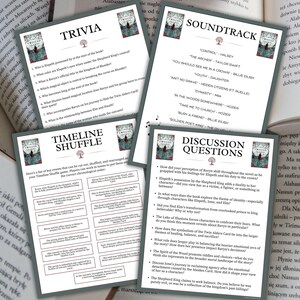 May include: Four printed sheets with text and book cover art, including trivia, a soundtrack, a timeline shuffle, and discussion questions. The sheets are on a table with open books.