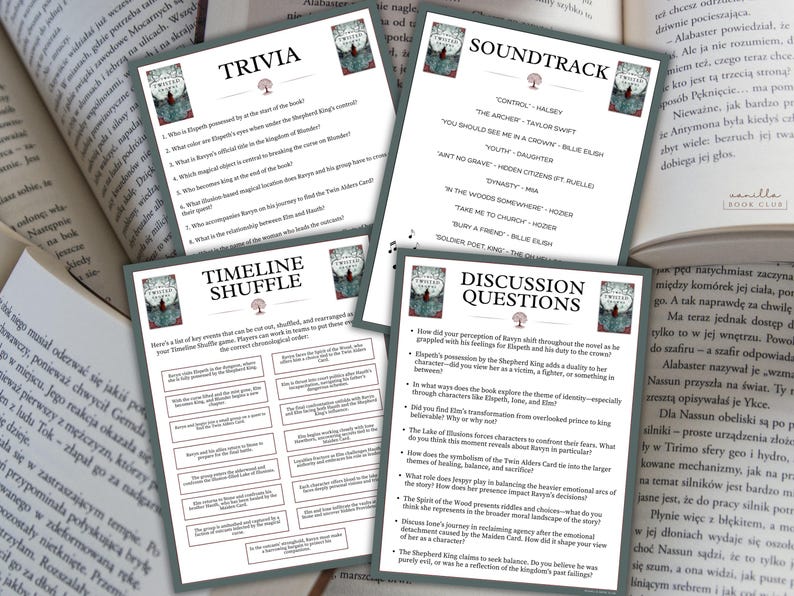 May include: Four printed sheets with text and book cover art, including trivia, a soundtrack, a timeline shuffle, and discussion questions. The sheets are on a table with open books.