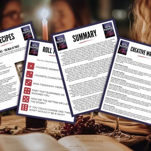 May include: Four printed cards with text and graphics are arranged on a table. The cards have a dark blue border and white text. The cards are titled "Recipes", "Roll", "Summary", and "Creative Writing". The background is a dimly lit room with glasses and a candle.